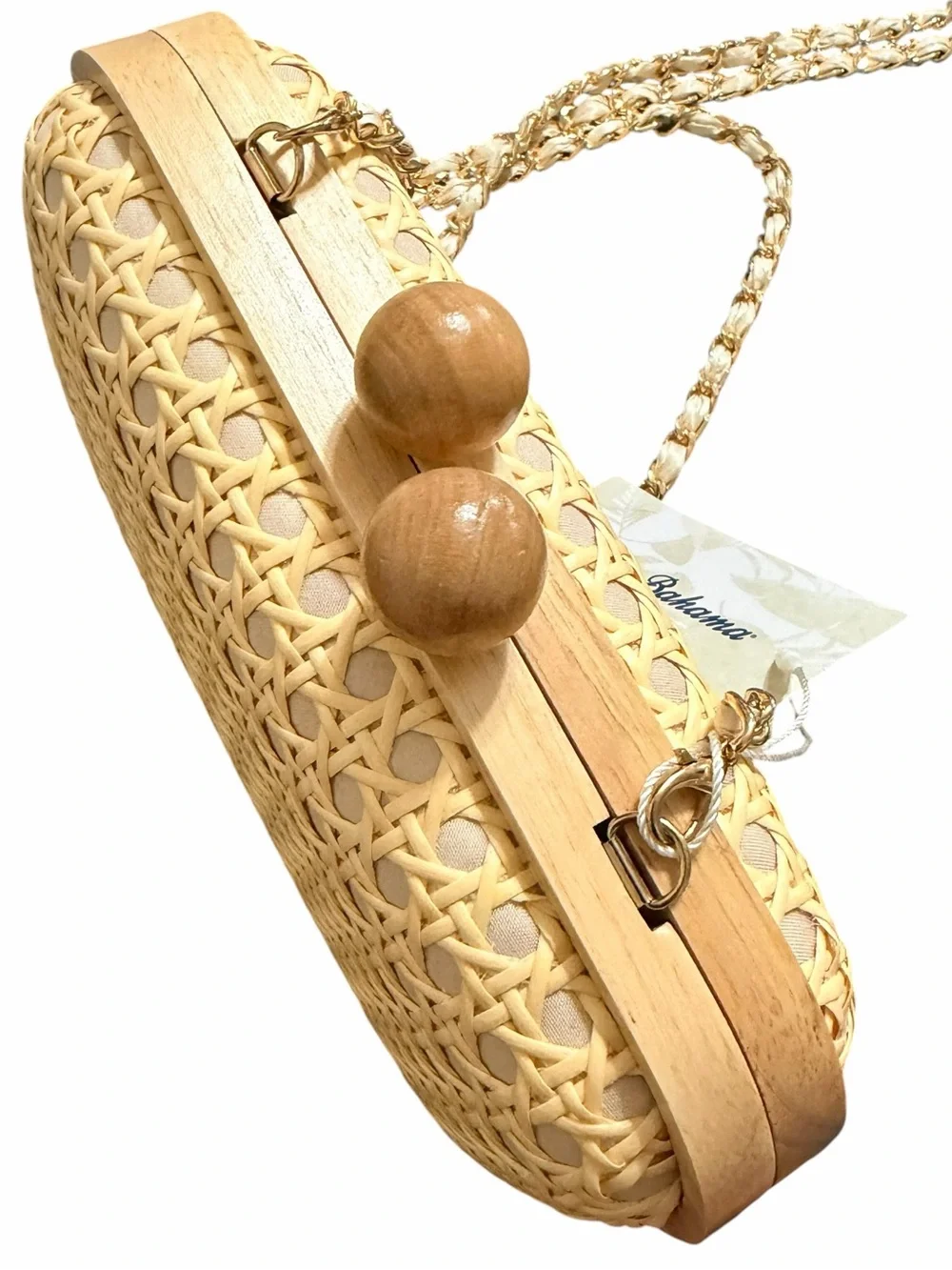 Tommy Bahama Natural Rattan Wicker Clutch Crossbody Bag Wooden Frame NWT